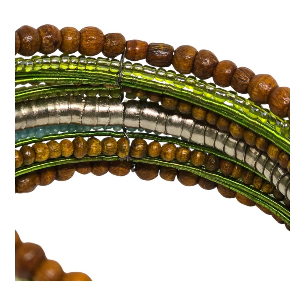 Boho Memory Wire Wrap Bracelet Green Wood Bead Multi Strand Coil - Picture 5 of 6